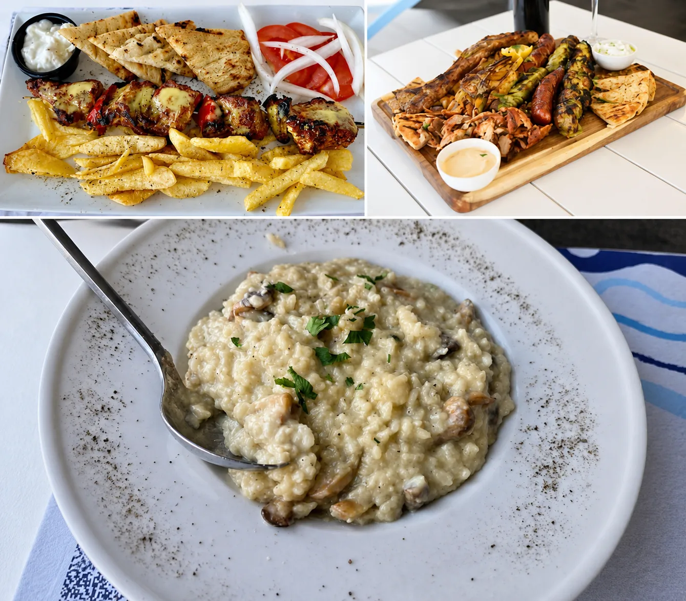 Grilled food, mixed platter and risotto at No Name Grill Restaurant